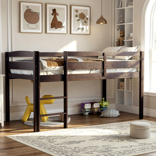 Sunvega Low Twin Wood Loft Bed with Ladder in Walnut for Kids Bedroom