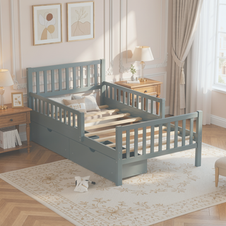 Sunvega Twin Size Walnut Wood Platform Bed with Guardrails and Two Storage Drawers