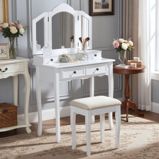 Sunvega Rose Gold Vanity Makeup Table Set with Mirror and Upholstered Bench