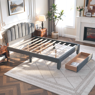 Sunvega Queen Size Upholstered Platform Bed with Storage Drawer and LED Lights