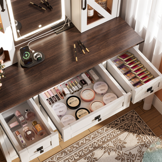 Sunvega Makeup Vanity with Sliding Mirror, LED Lights, Storage Stool, and Charging Station