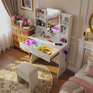 Sunvega Vanity Desk with LED Lights Mirror Power Outlet and Storage Drawers