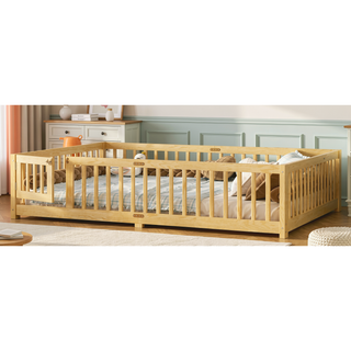 Sunvega Twin Size Floor Bed with Safety Guardrails and Door for Kids in Natural