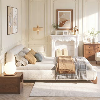 Sunvega Modern Puffy Platform Bed with Arched Headboard in Ivory White Boucle