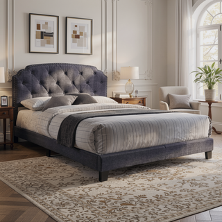 Sunvega Grey Upholstered Queen Panel Bed with Arched Headboard and Nailhead Trim