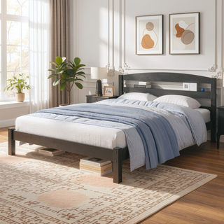 Sunvega Solid Wood Platform Bed Frame with Curved Headboard for Bedroom