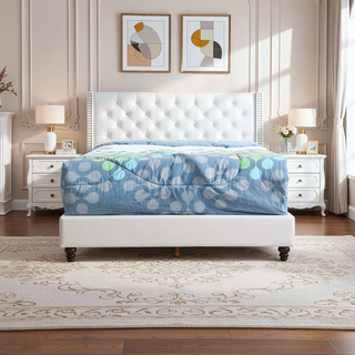 Sunvega Elegant Transitional Upholstered Bed In White With Plush Headboard