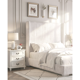Sunvega Contemporary White Fur Chenille Fabric Mattress Ready Queen Size Bed