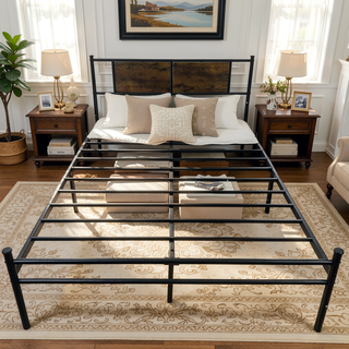 Sunvega Full Size Metal Bed Frame with Wood Panel Headboard in Black and Brown