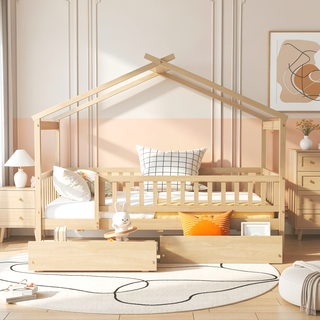 Sunvega Twin Size Wooden House Bed with Two Drawers and Headboard in White
