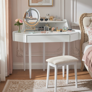 Sunvega Space-Saving Corner Makeup Vanity with Tri-Folding LED Mirror and Stool