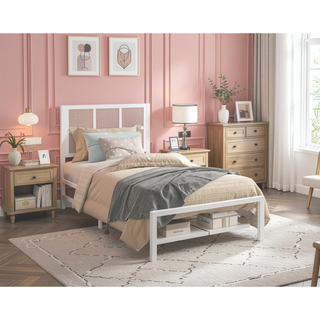 Sunvega White Faux Cane Panel Headboard King Platform Bed with Metal Frame