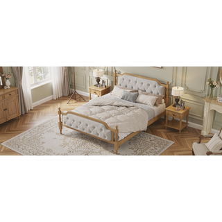 Sunvega French Provincial Style Solid Wood Bed Frame with Tufted Headboard