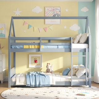 Sunvega Twin Over Twin House Floor Bunk Bed with Headboards and Guardrails Ladder