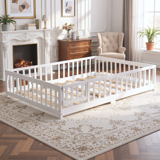Sunvega Full Size Pine Wood Floor Bed with Safety Guardrails and Door
