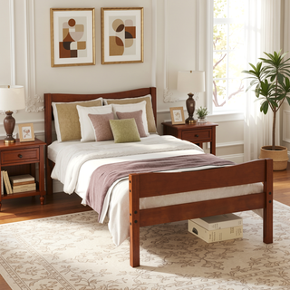Sunvega Twin Size Wood Platform Bed with Headboard and Wooden Slat Support in Walnut