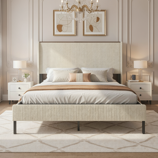 Sunvega Queen Size Metal Platform Bed with Storage Headboard and USB Charging Station