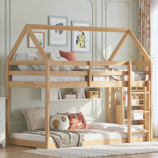 Sunvega Rubber Wood Twin over Twin Bunk Bed with Ladder and Guardrails