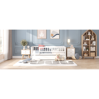 Sunvega Natural Twin Size Wood Daybed with Trundle and Fence Guardrails