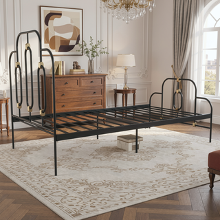 Sunvega Vintage Whimsical Metal Bed with Gold Detailing and Adjustable Base Height