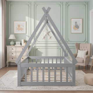 Sunvega Twin Tent Teepee Bed with Guardrails Slats in Grey
