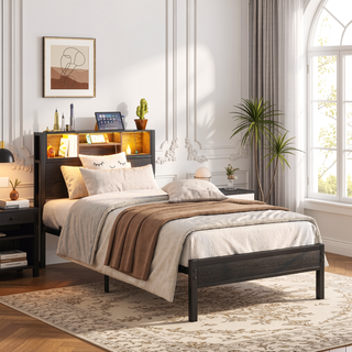 Sunvega Twin Size Bed Frame with Storage Headboard, Charging Station, and Bookcase