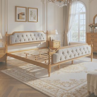 Sunvega French Provincial Style Solid Wood Bed Frame with Tufted Headboard