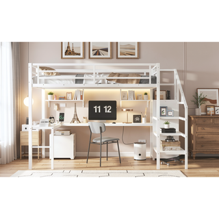 Sunvega Twin XL Size Loft Bed with Wardrobe Stairs USB LED Light and Desk