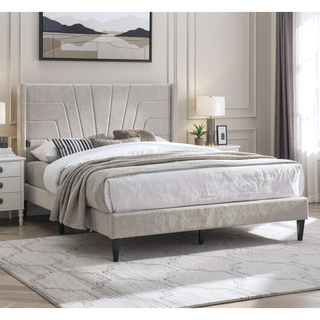 Sunvega Light Brown Queen Size Upholstered Burlap Fabric Headboard Platform Bed