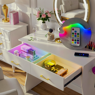 Sunvega Vanity Desk with LED Lights Mirror Power Outlet and Storage Drawers