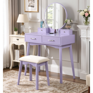 Sunvega Contemporary White Wood Vanity and Stool Set with Round Mirror