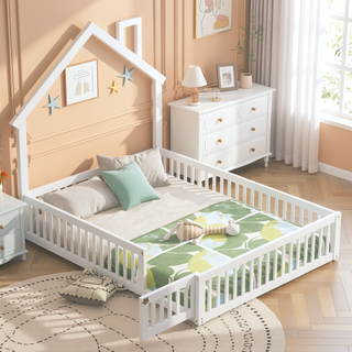 Sunvega White Wood House Platform Bed with Guardrail for Kids Full Size