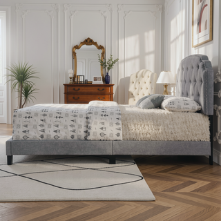 Sunvega Grey Upholstered Queen Panel Bed with Arched Headboard and Nailhead Trim