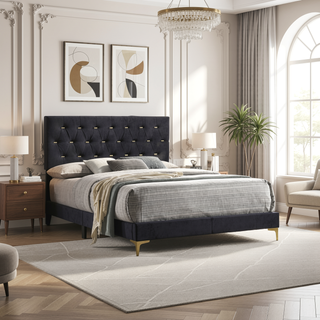 Sunvega Black and Gold Diamond Tufted Upholstered Eastern King Panel Bed Frame
