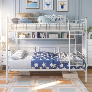 Sunvega Sturdy Twin over Twin Metal Bunk Bed Frame with Ladder and Vintage Headboard