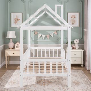 Sunvega White Twin Size Wood House Playhouse Bed with Fence for Kids Room