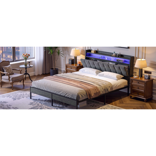 Sunvega Queen Bed Frame with Ergonomic Headboard RGB LED Lights and Charging Station