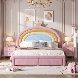 Sunvega Full Size Velvet Upholstered Rainbow Princess Platform Bed with Storage Drawer