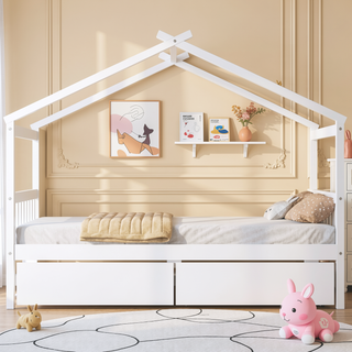 Sunvega Twin Size Wooden House Bed with Drawers and Headboard for Kids Room