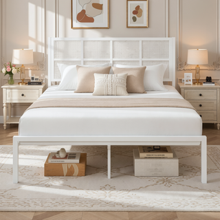 Sunvega White Faux Cane Panel Headboard King Platform Bed with Metal Frame