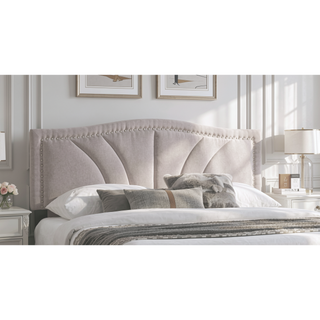 Sunvega Light Brown Burlap Queen Size Bed with Nailhead Trim and Sloped Curve