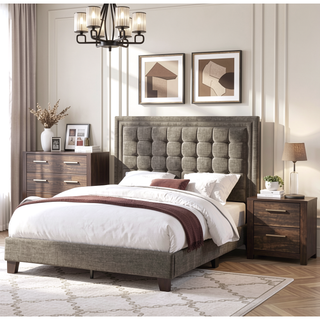 Sunvega Queen Size Upholstered Bed with Button Tufted Headboard in Brown Espresso Finish