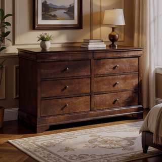 Sunvega Brown Cherry Finish Louis Phillipe Style 6 Drawer Dresser with Hidden Jewelry Storage