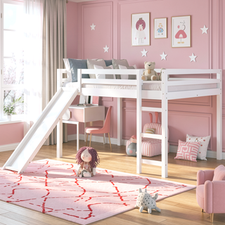Sunvega Elegant White Full Size Wood Loft Bed with Slide and Ladder
