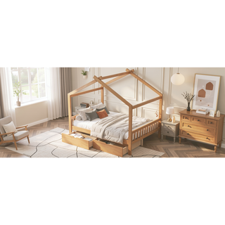 Sunvega Natural Wood Full Size House Platform Bed with Two Storage Drawers