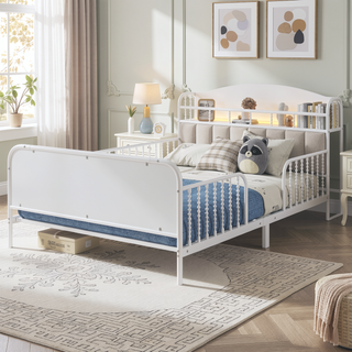 Sunvega Kids Full Metal Bed with Upholstered Headboard LED Lights and Storage