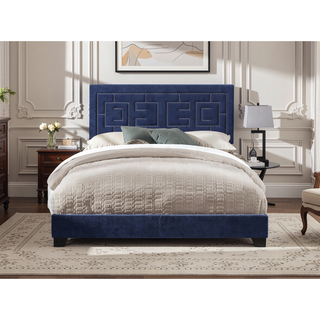 Sunvega Dark Blue Eastern King Panel Bed with Nailhead Trim and Padded Design