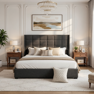 Sunvega Modern Upholstered Platform Bed Frame with Button Tufted Linen Headboard