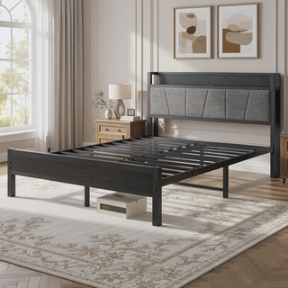 Sunvega Full Size Bed Frame with Storage Headboard and Charging Station Outlets