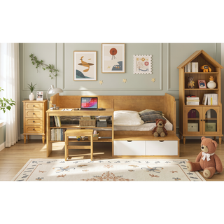 Sunvega Natural Wooden Twin Size Daybed with Storage Shelves and Study Desk